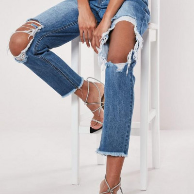 Blue High Rise Open Ripped Knee Mom Jeans