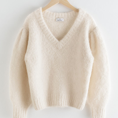 Oversized Puff Sleeve V-Neck Sweater