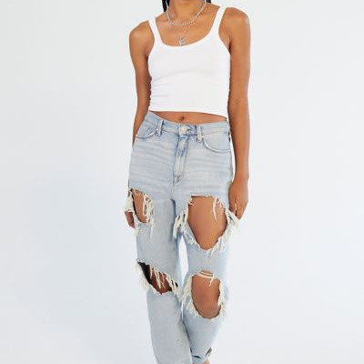 BDG High-Waisted Mom Jean - Destroyed Light Wash - Blue 34 at Urban Outfitters