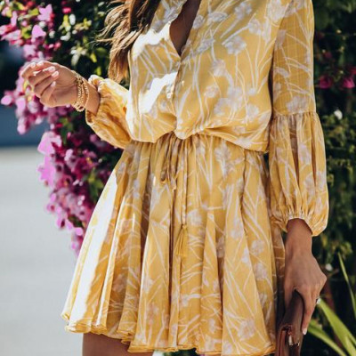 Vince Floral Adjustable Lantern Sleeve Dress