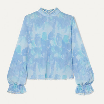 GANNI - Ruffled Floral-print Pliss-georgette Top - Sky blue