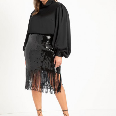 Sequin Fringe Hem Skirt - Totally Black
