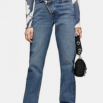 Mid Blue Wrap Over Dad Jeans - Mid Stone