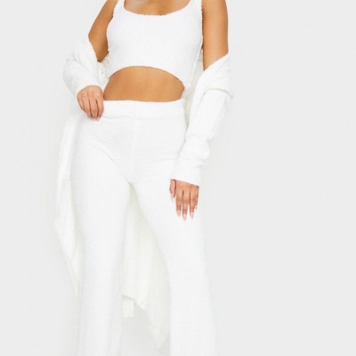 Cream High Waist Chenille Flared Trousers