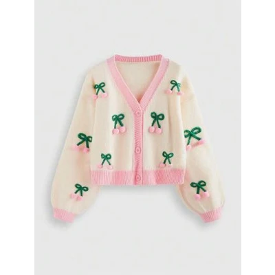 ROMWE Kawaii Women's Cute 3D Cherry Print Long Sleeve Single-Breasted Casual Cardigan