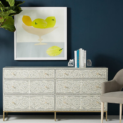 Scroll Vine Inlay Six-Drawer Dresser By Anthropologie in Grey