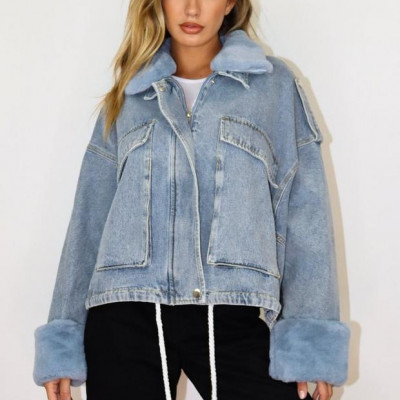Blue Faux Fur Collar Denim Jacket